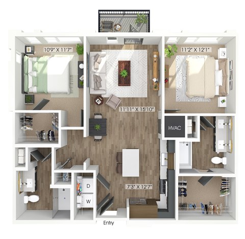 Floor plan for 2 beds, 2 baths, 1064 sqft